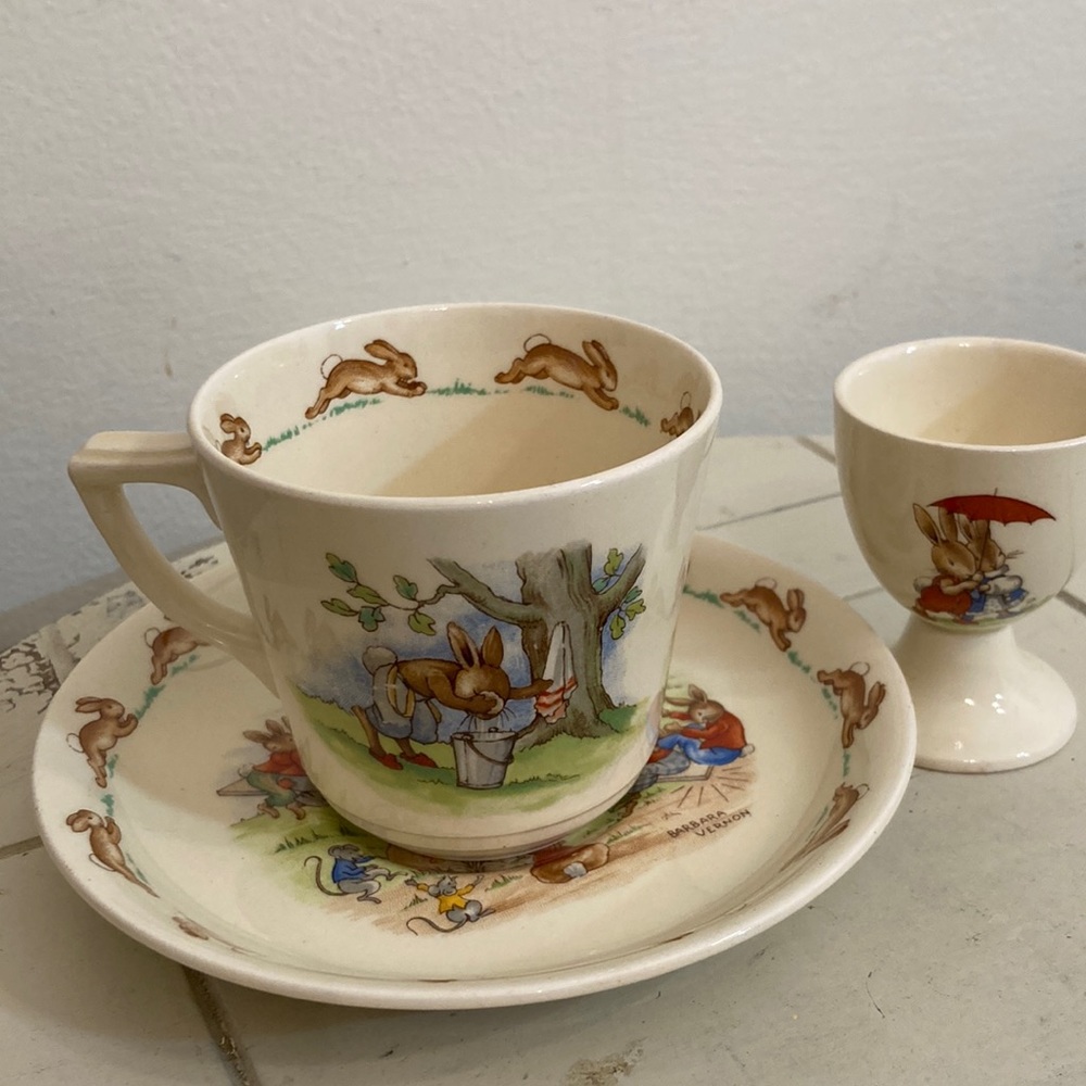 Royal Doulton England fine china Bunnykins see-saw cereal bowl,cup, &egg cup